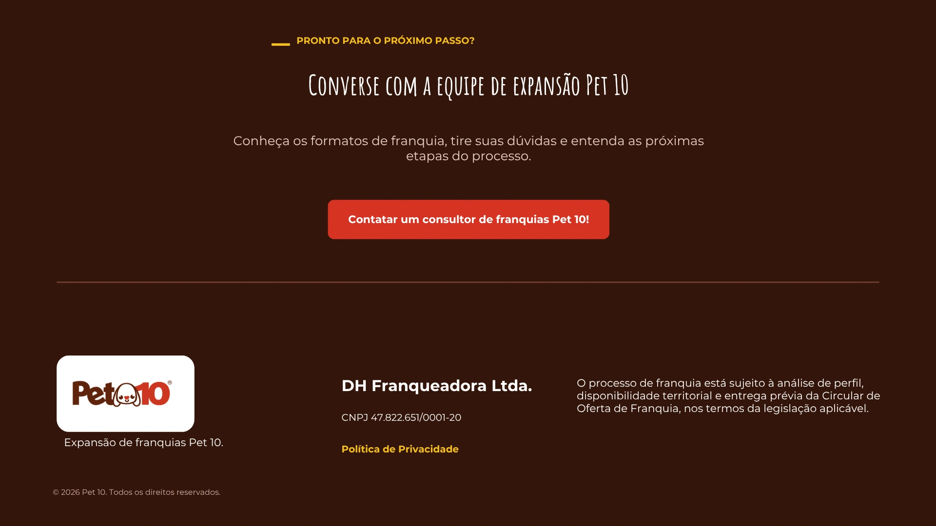 Converse com a equipe de expansão Pet 10